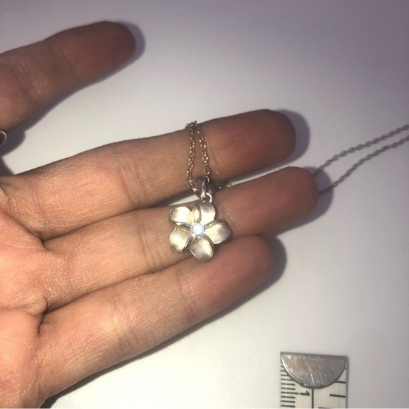 VTG Sterling Cz Floral Hawaiian Plumeria Flower Pendant & Short Chain 14” & .9” - Picture 2 of 7